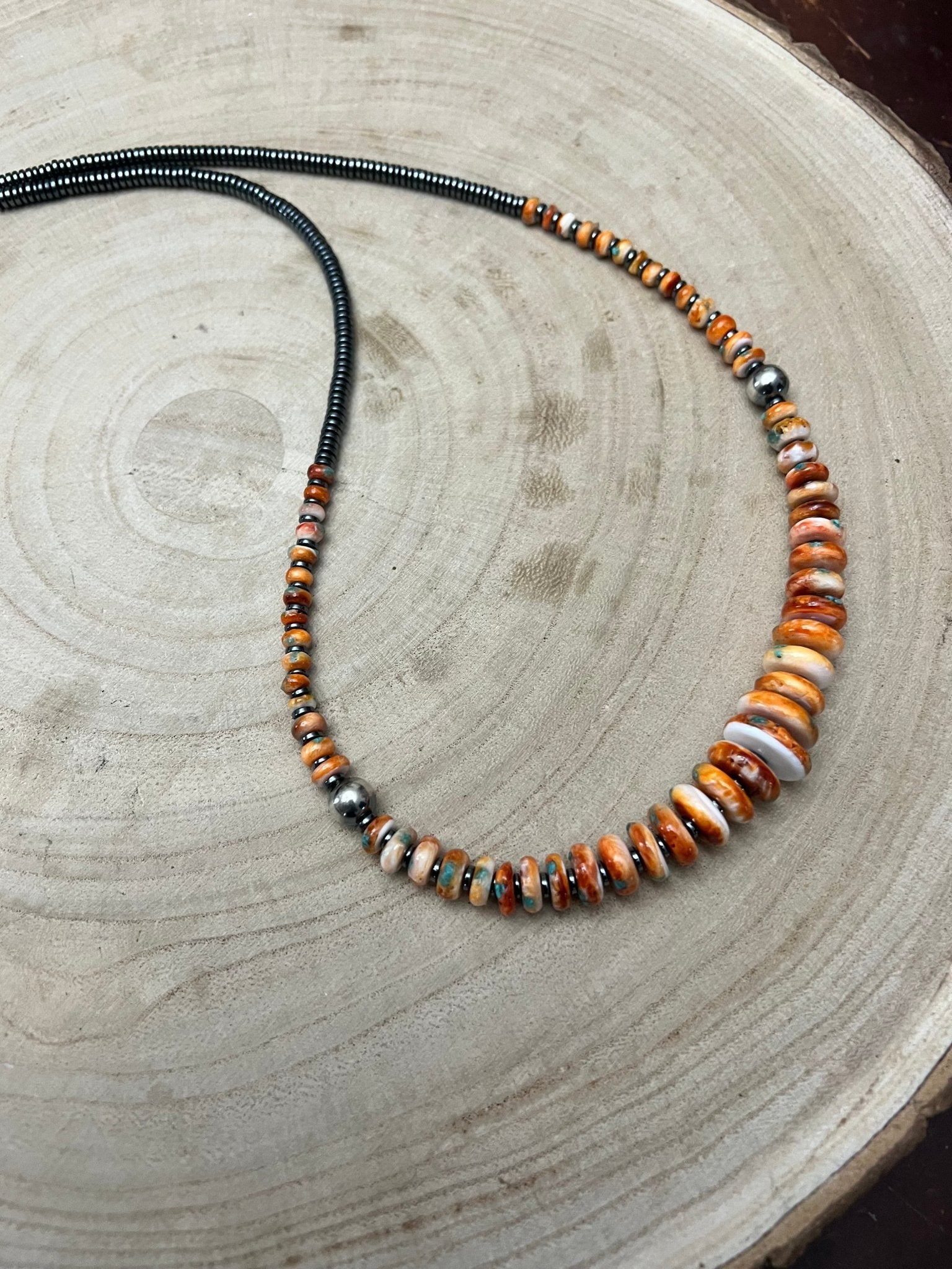 Orange & Turquoise Graduated Necklace - 22 inch - Cowhide and Conchos