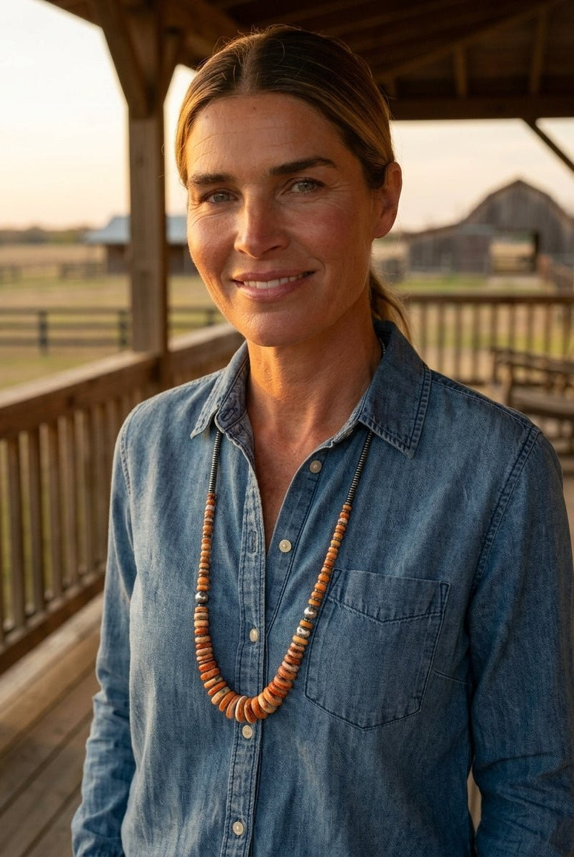 Orange & Turquoise Graduated Necklace with Sterling Silver Pearl Accents — 22 inch - Cowhide and Conchos