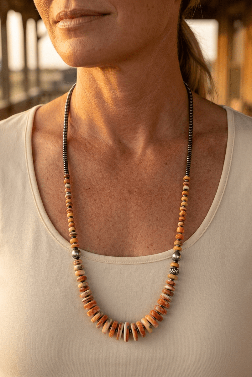Orange & Turquoise Graduated Necklace with Sterling Silver Pearl Accents — 22 inch - Cowhide and Conchos