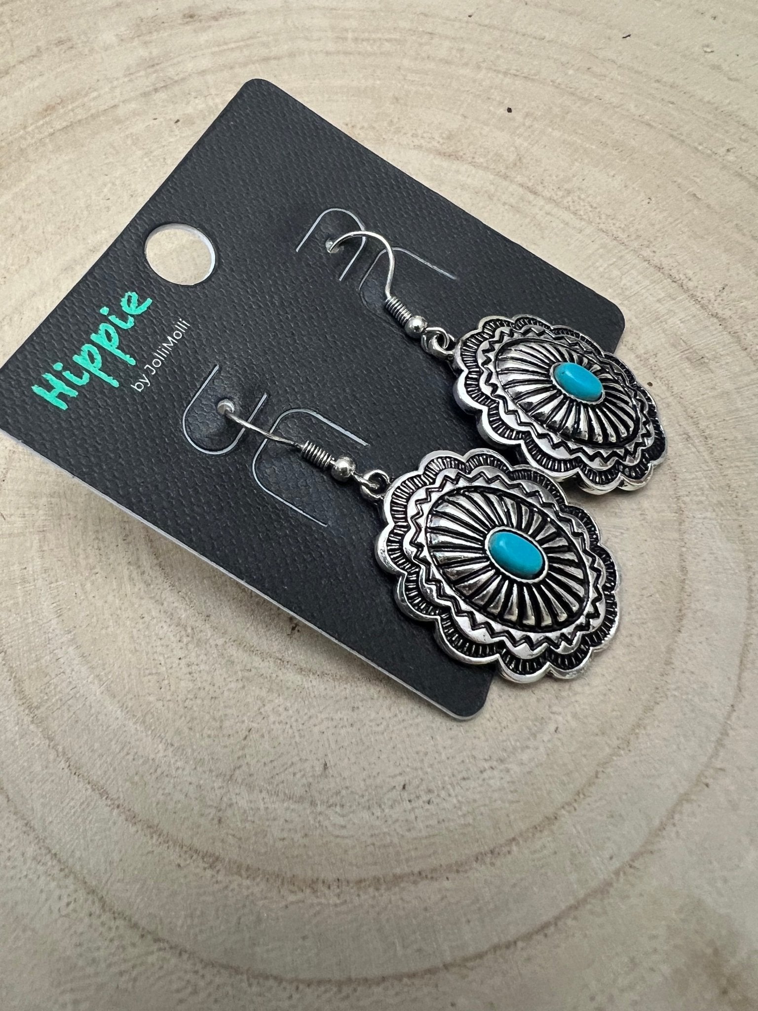 Oval Concho Earrings with Faux Turquoise - Cowhide and Conchos