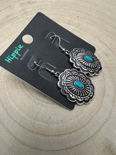 Oval Concho Earrings with Faux Turquoise - Cowhide and Conchos