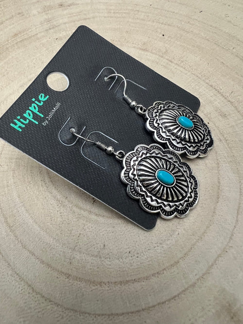 Oval Concho Earrings with Faux Turquoise - Cowhide and Conchos