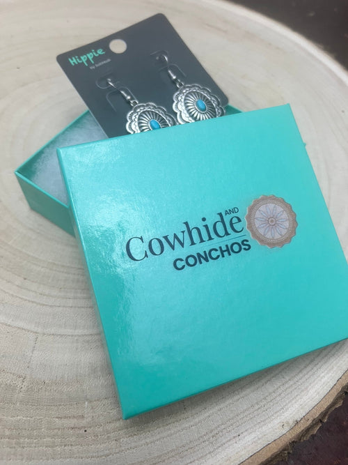 Oval Concho Earrings with Faux Turquoise - Cowhide and Conchos