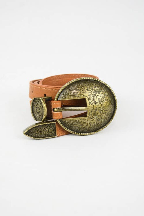 Oval Embossed Vintage Buckle Belt 🤠 - Small/Medium - Cowhide and Conchos