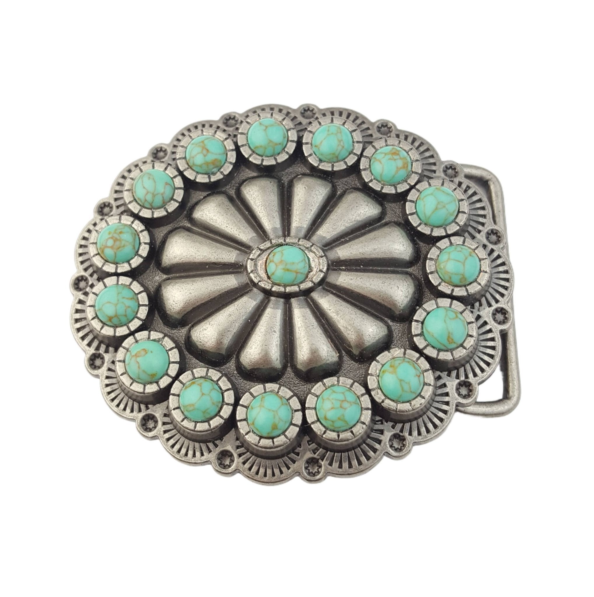 Oval Western Faux Turquoise Stone Belt Buckle - Cowhide and Conchos