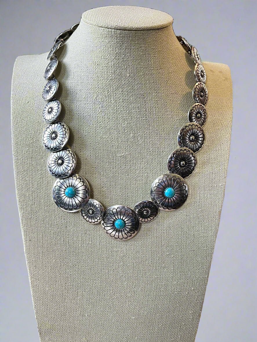 Overlapping Concho with Faux Turquoise Necklace - 18 inch - Cowhide and Conchos