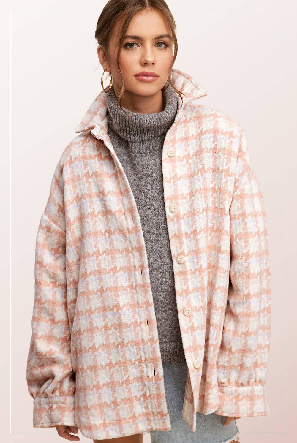 Oversized Houndstooth Patterned Soft Brushed Shacket - Cowhide and Conchos