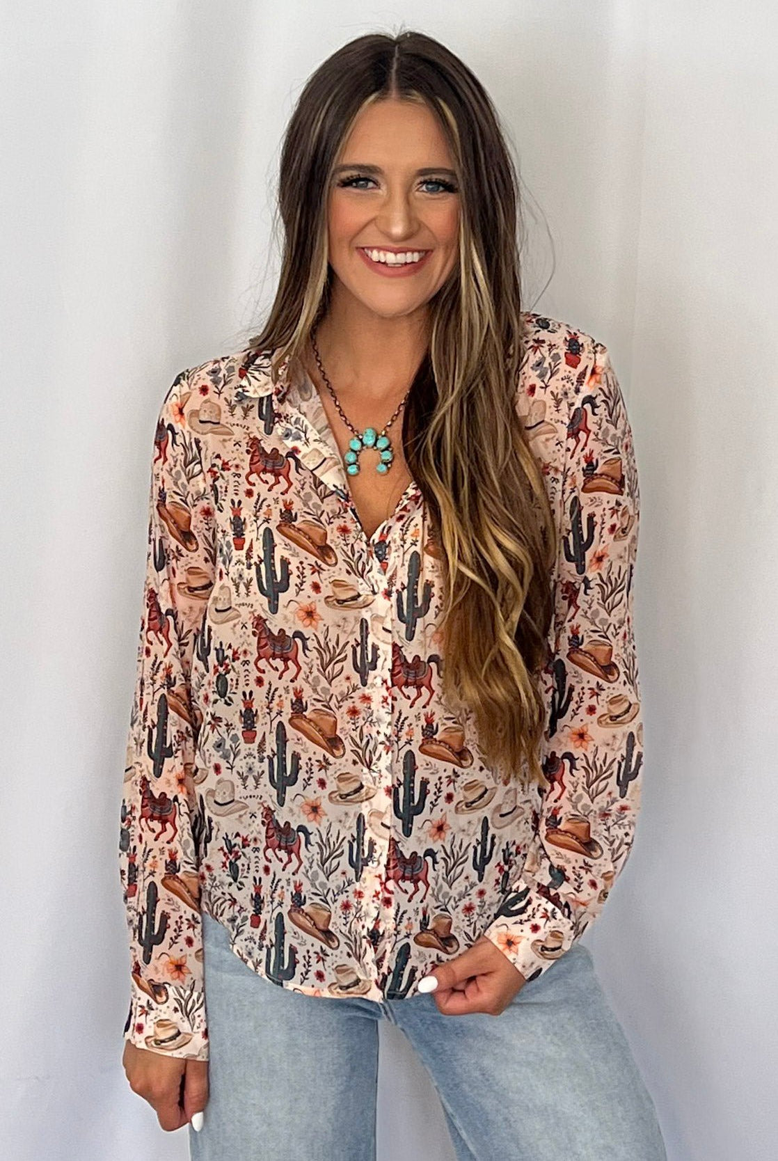 Painted Desert Chiffon Button Up Blouse - Cowhide and Conchos