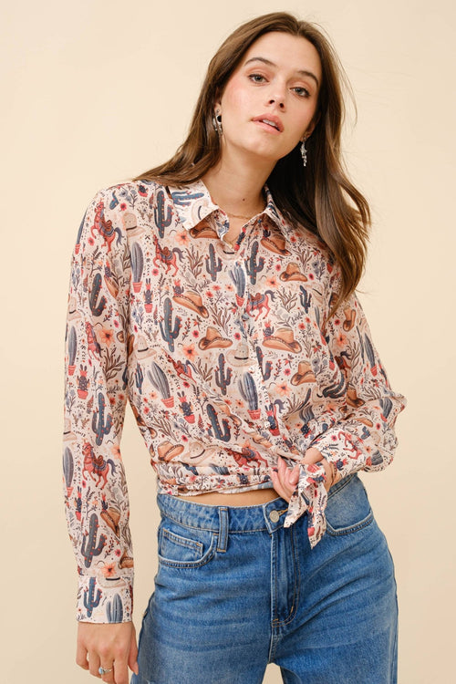 Painted Desert Chiffon Button Up Blouse - small remaining - Cowhide and Conchos