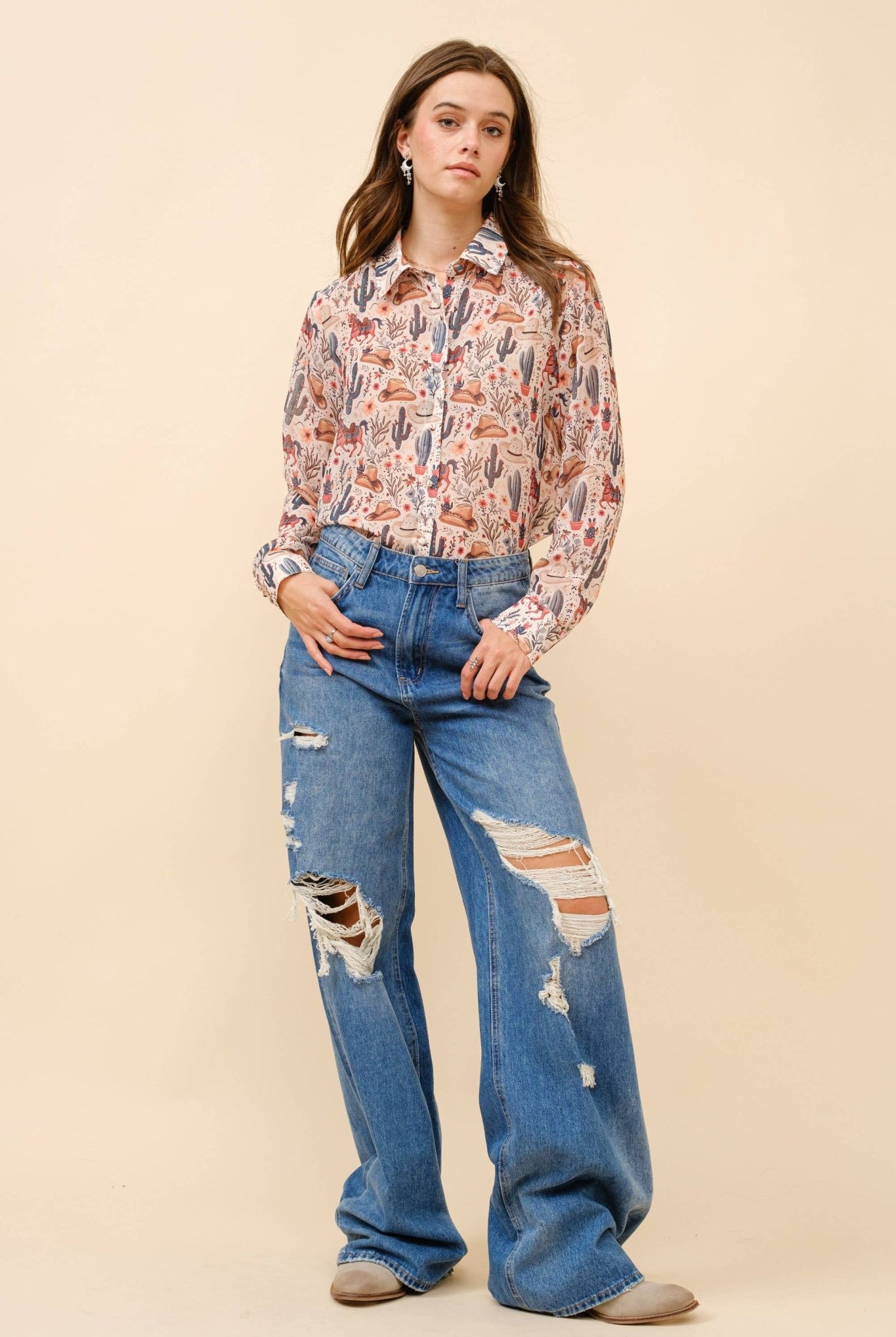Painted Desert Chiffon Button Up Blouse - small remaining - Cowhide and Conchos
