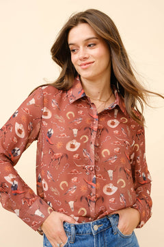Painted Desert Chiffon Button Up Blouse - small remaining - Cowhide and Conchos