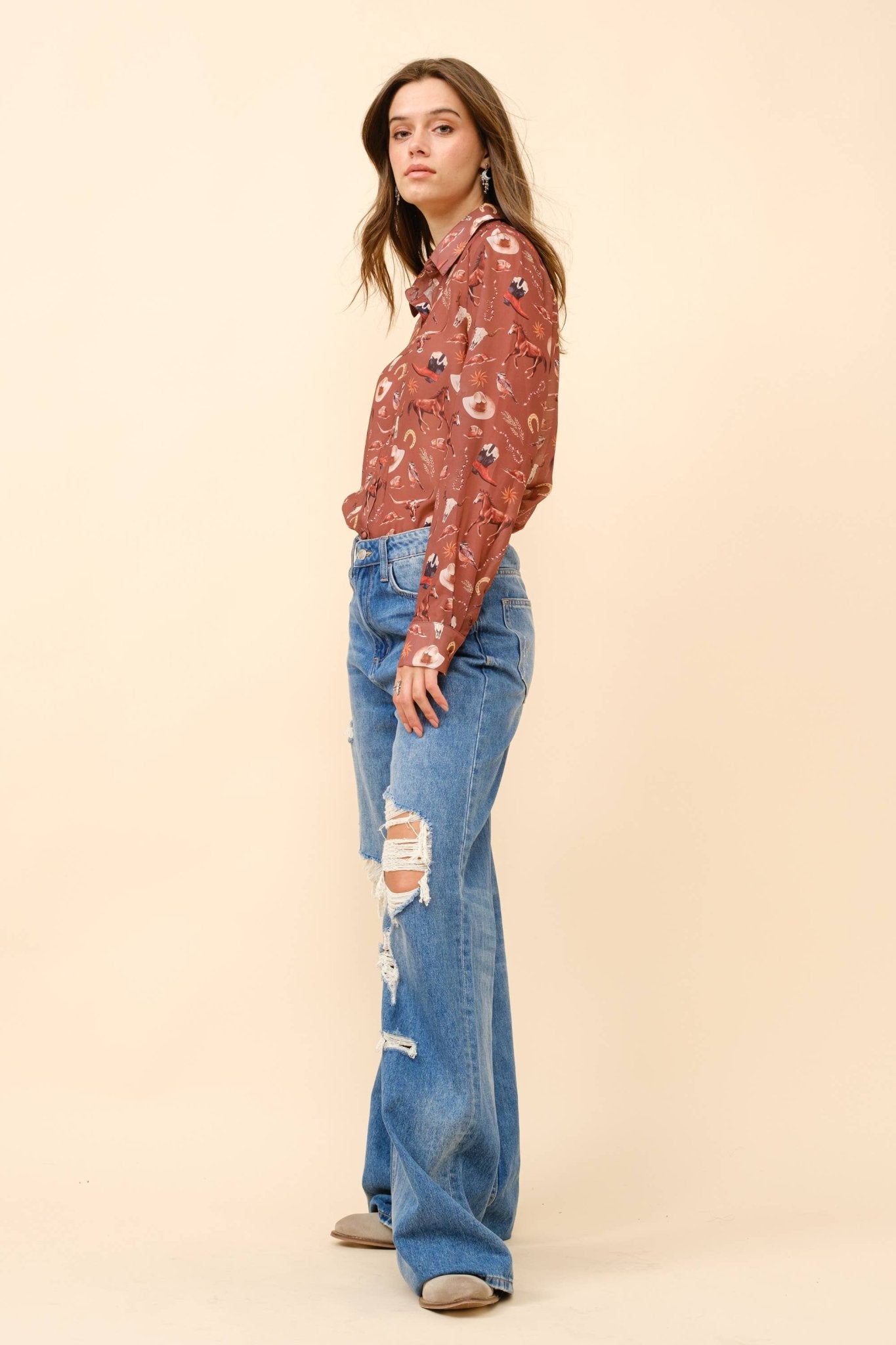 Painted Desert Chiffon Button Up Blouse - small remaining - Cowhide and Conchos
