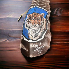 Painted hat feather by Chad Demien - Tiger - Cowhide and Conchos