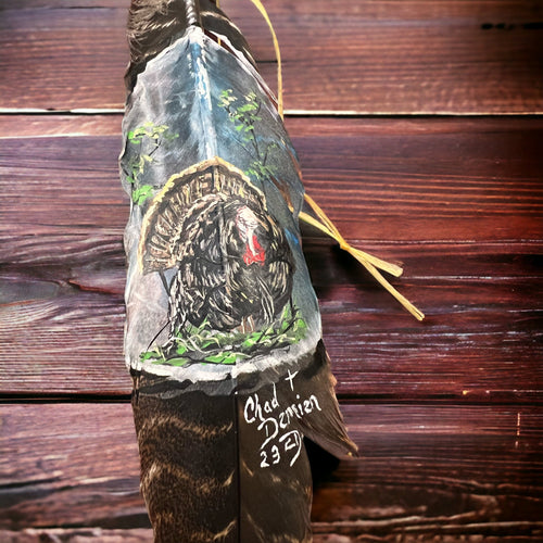 Painted hat feather by Chad Demien - Wild turkey - Cowhide and Conchos