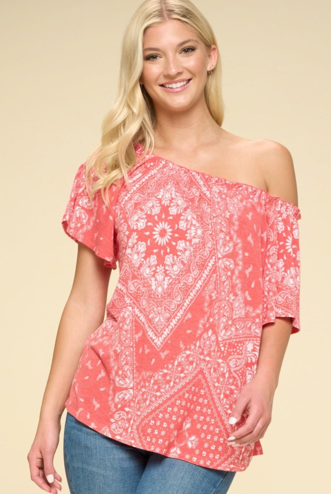 Paisley Printed Boat Neckline Top - Cowhide and Conchos