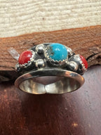 Paul Largo Turquoise, Coral & Sterling Silver Ring - Size 9 - Cowhide and Conchos