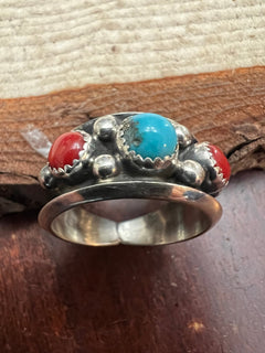 Paul Largo Turquoise, Coral & Sterling Silver Ring - Size 9 - Cowhide and Conchos