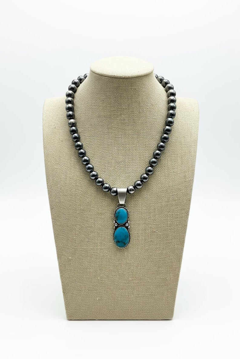Paul Livingston Turquoise & Sterling Silver Pendant - Cowhide and Conchos