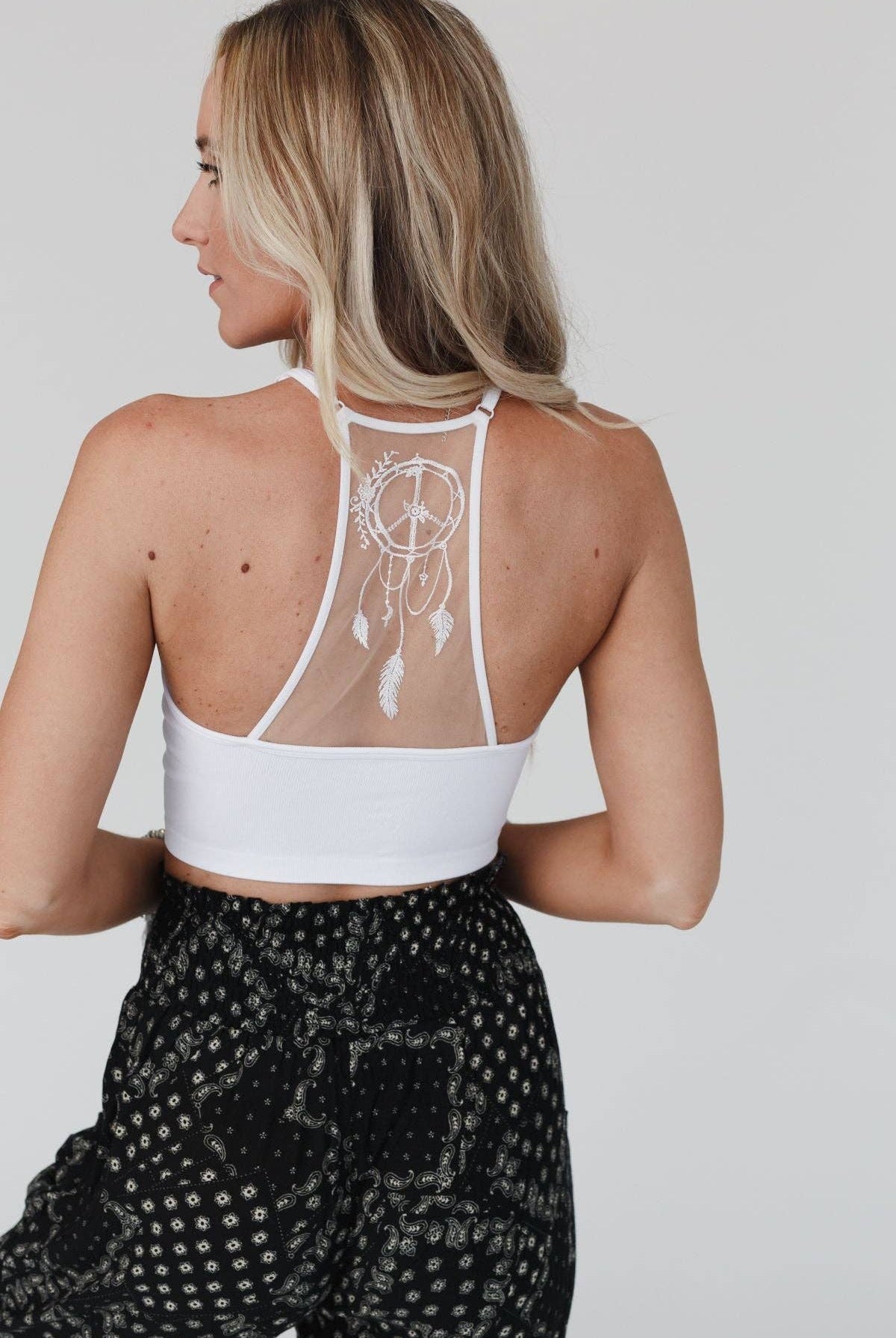 Peace Dreamcatcher Tattoo Bralette - White - Cowhide and Conchos