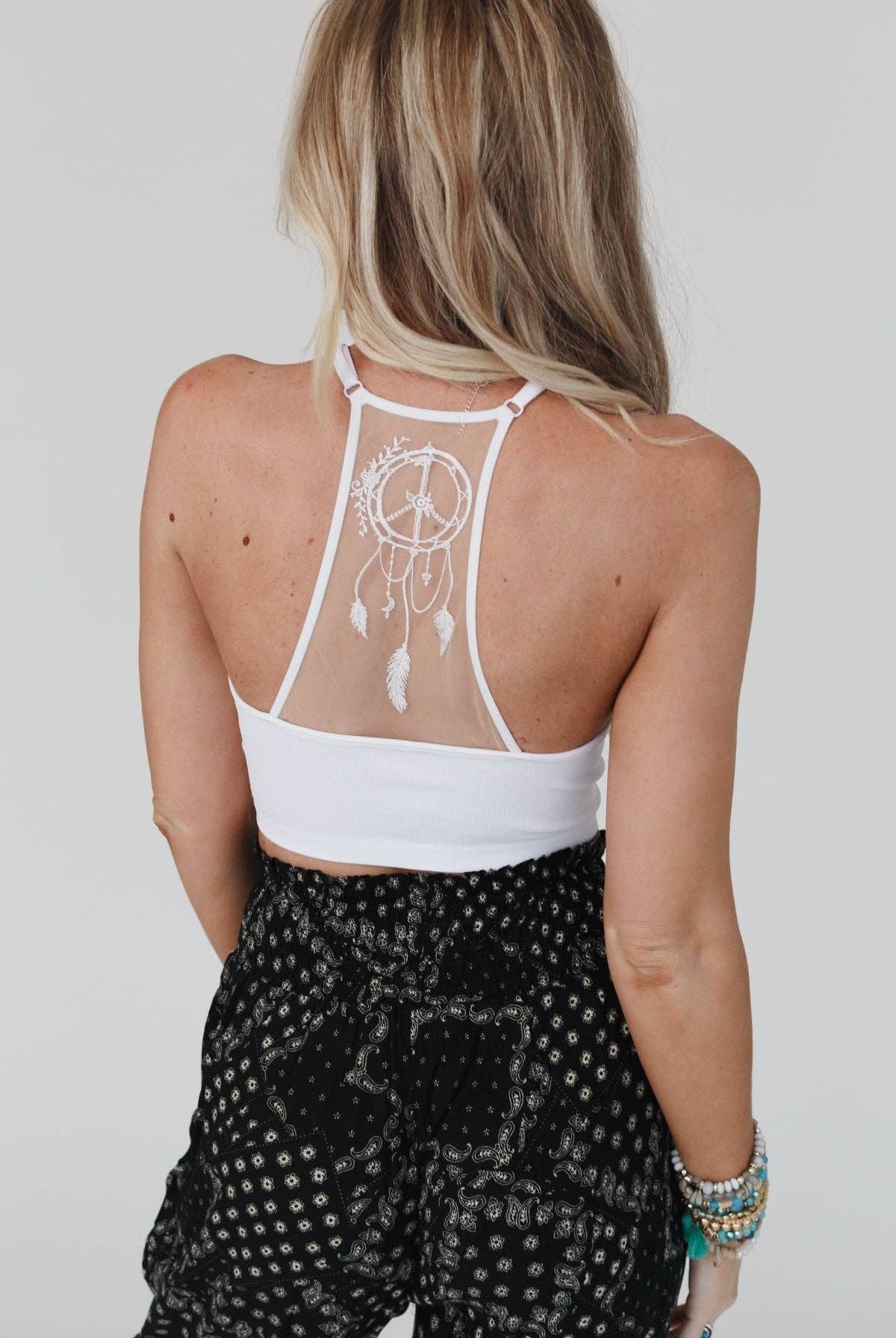 Peace Dreamcatcher Tattoo Bralette - White - Cowhide and Conchos
