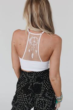 Peace Dreamcatcher Tattoo Bralette - White - Cowhide and Conchos