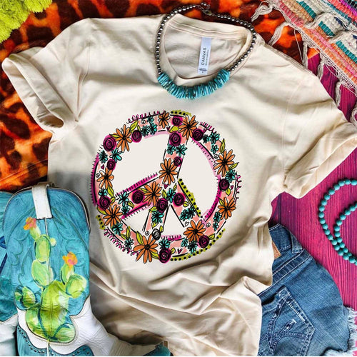 Peace Sign with Flowers - Cream - Cowhide and Conchos