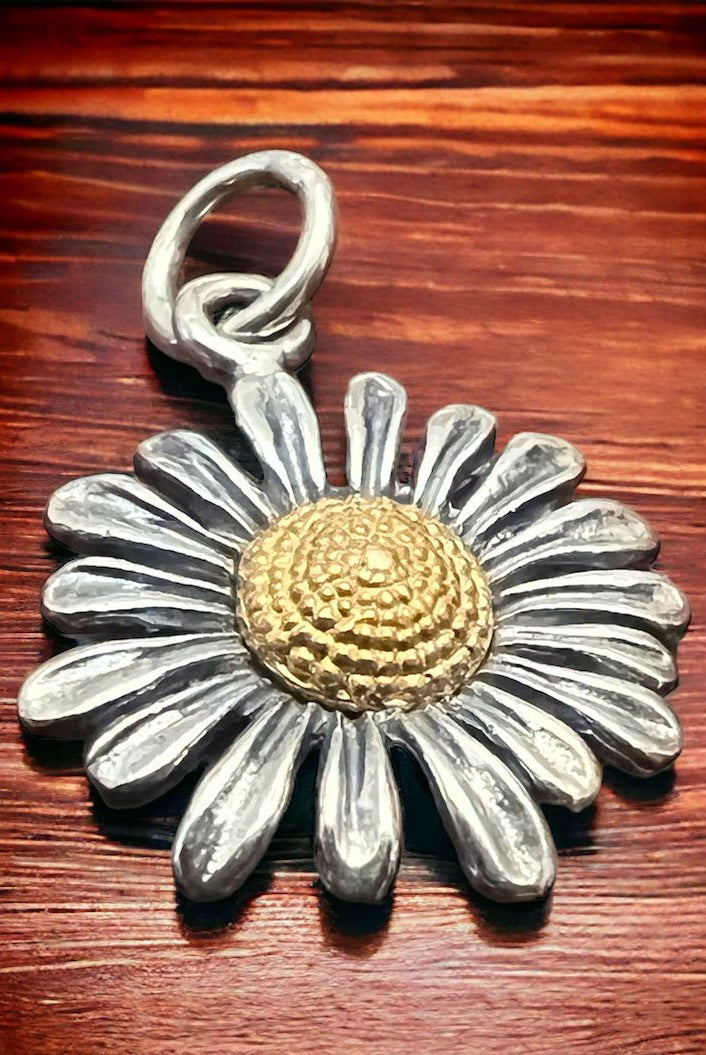Petite sterling daisy with bronze charm/pendant - Cowhide and Conchos