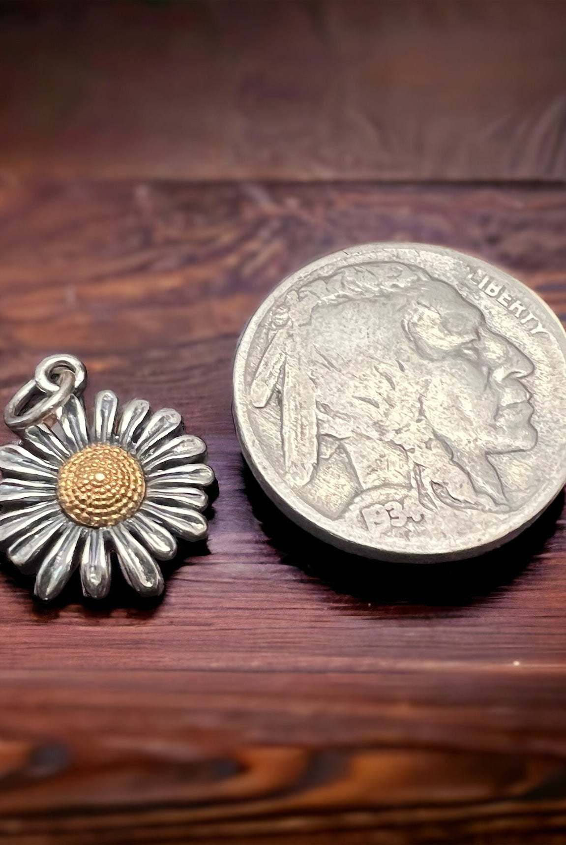 Petite sterling daisy with bronze charm/pendant - Cowhide and Conchos