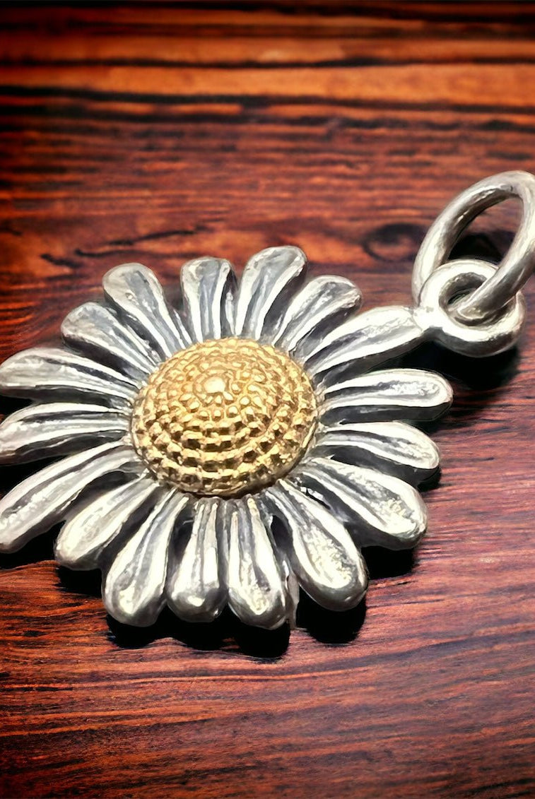 Petite sterling daisy with bronze charm/pendant - Cowhide and Conchos