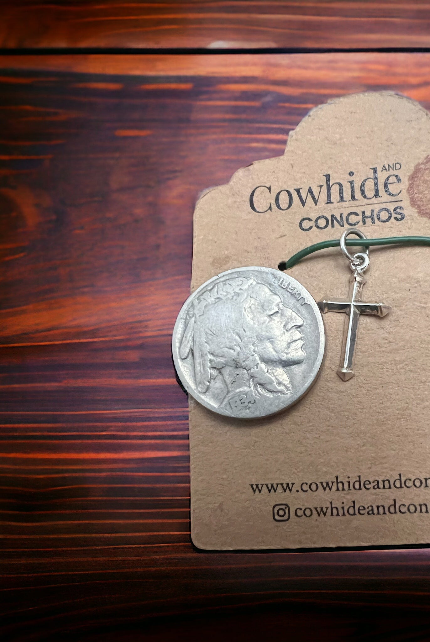 Petite Sterling Silver Cross Pendant/Charm - Cowhide and Conchos
