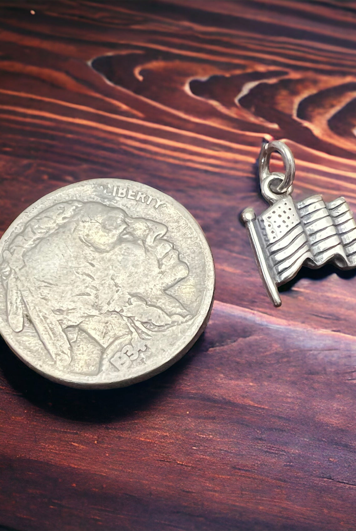 Petite Sterling silver USA Flag charm/pendant - Cowhide and Conchos