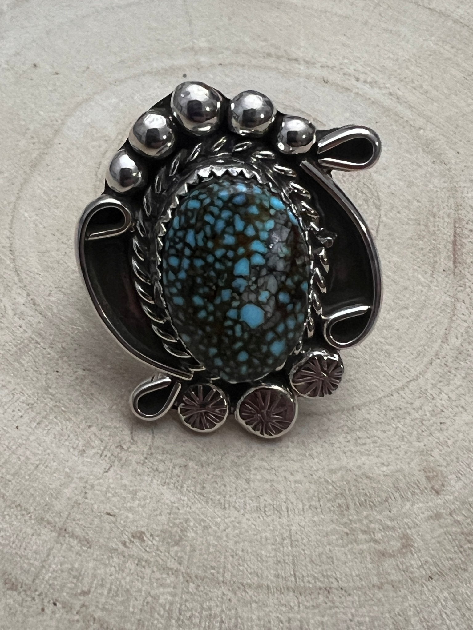 Phil Nez Navajo Sterling Silver Ring with Natural Kingman Turquoise — Adjustable (size 8 to 9), 1 1/4" × 1 1/8" Face (PN Hallmarked, Heirloom) - Cowhide and Conchos