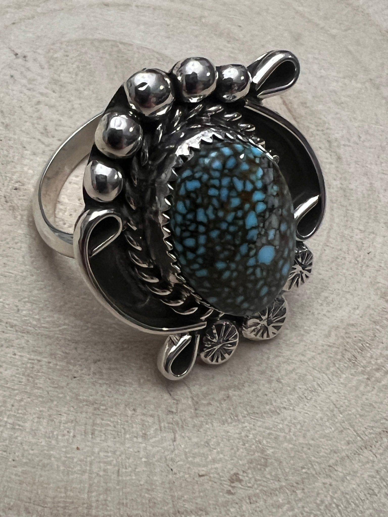Phil Nez Navajo Sterling Silver Ring with Natural Kingman Turquoise — Adjustable (size 8 to 9), 1 1/4" × 1 1/8" Face (PN Hallmarked, Heirloom) - Cowhide and Conchos