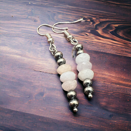 Pink Morganite and Silver pearl dangle earrings - Cowhide and Conchos