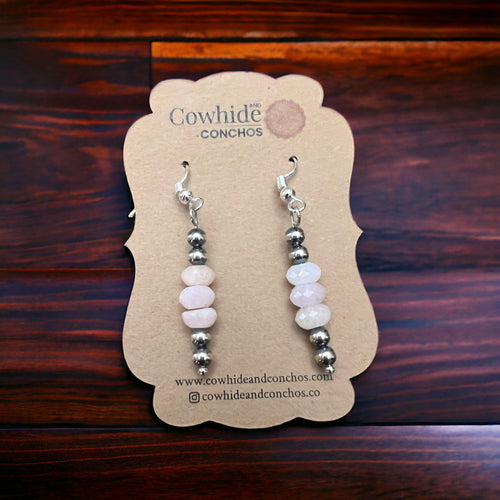 Pink Morganite and Silver pearl dangle earrings - Cowhide and Conchos