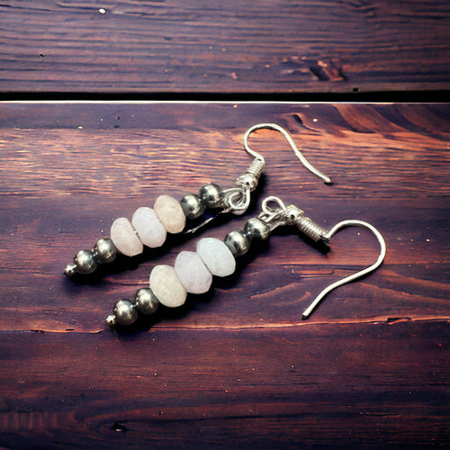 Pink Morganite and Silver pearl dangle earrings - Cowhide and Conchos