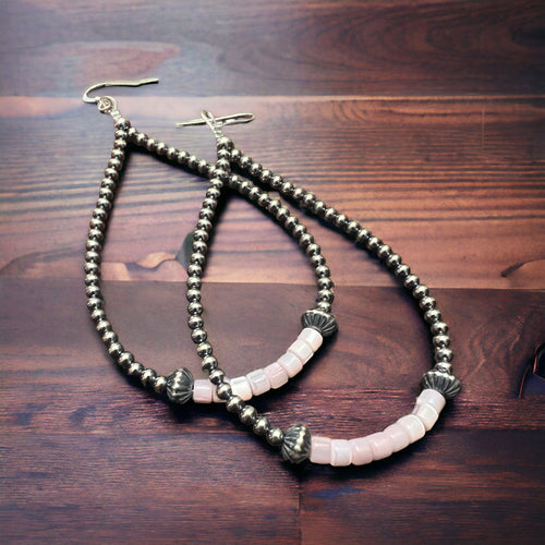 Pink shell earrings and Sterling Pearls - Cowhide and Conchos