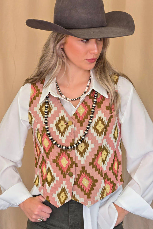 Pink Southwest Tapestry Vest - Cowhide and Conchos