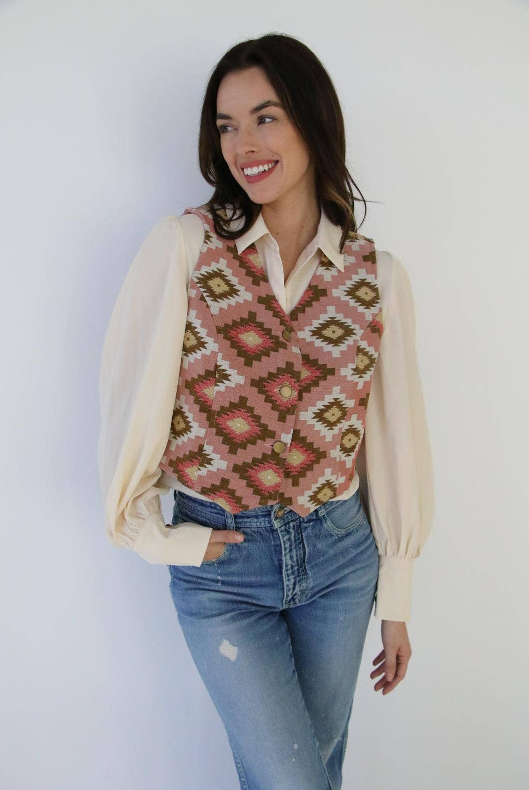 Pink Southwest Tapestry Vest - Cowhide and Conchos