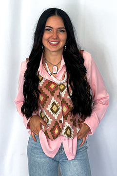 Pink Southwest Tapestry Vest - Cowhide and Conchos