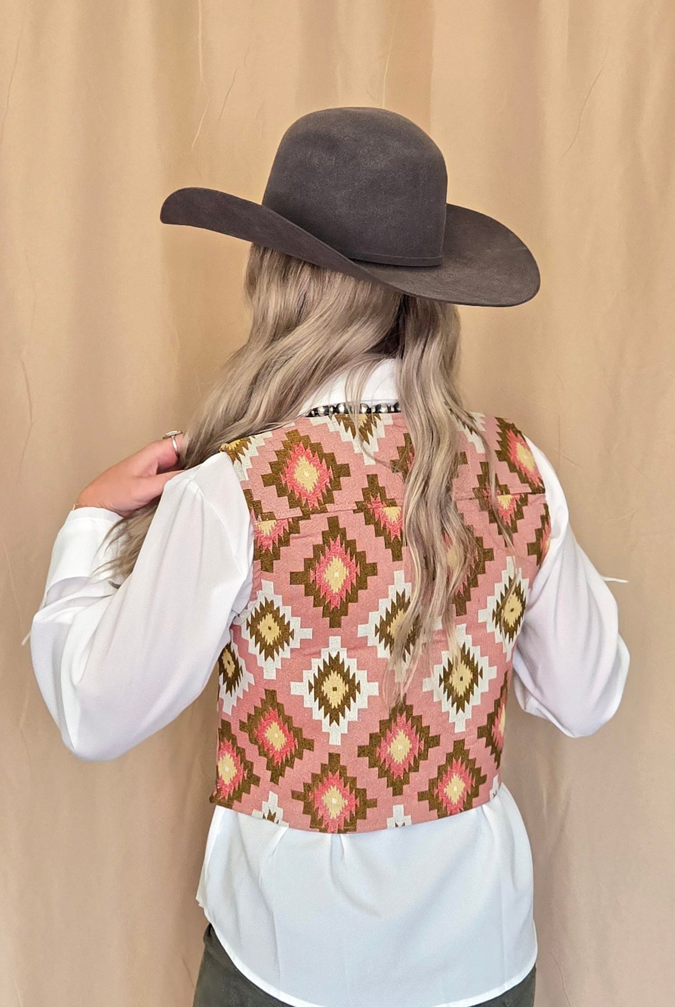 Pink Southwest Tapestry Vest - Cowhide and Conchos