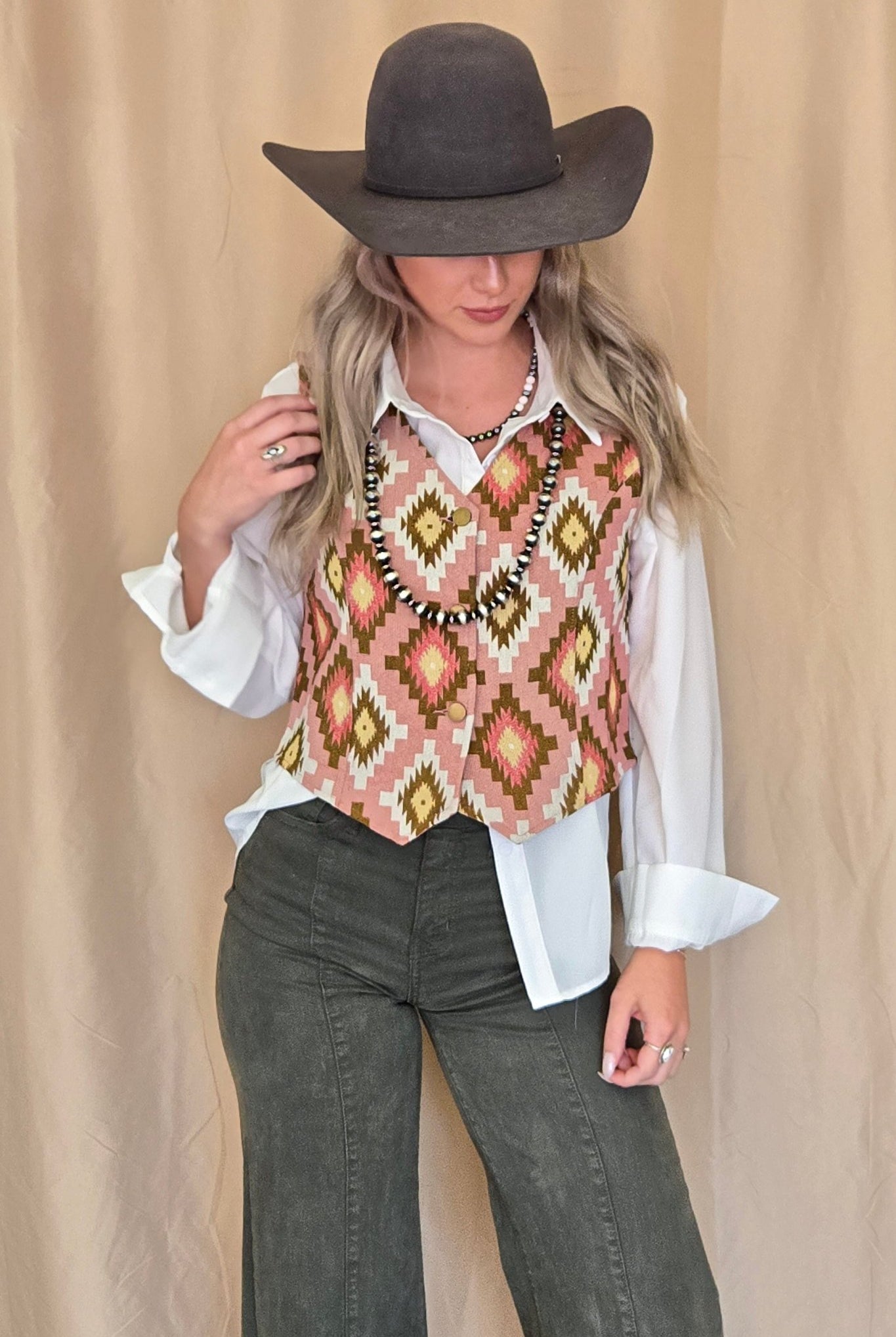 Pink Southwest Tapestry Vest - Cowhide and Conchos