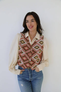 Pink Southwest Tapestry Vest - Cowhide and Conchos