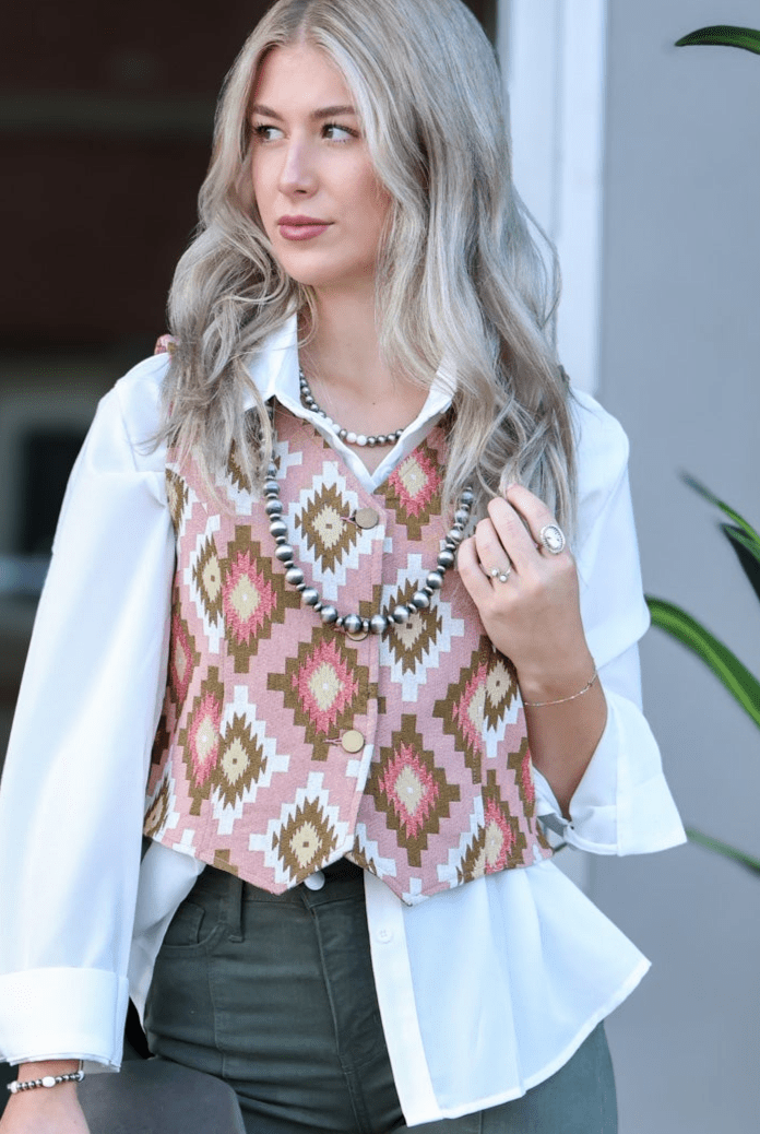 Pink Southwest Tapestry Vest - Cowhide and Conchos