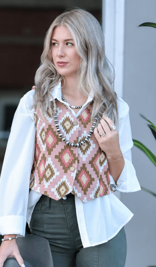 Pink Southwest Tapestry Vest - Cowhide and Conchos