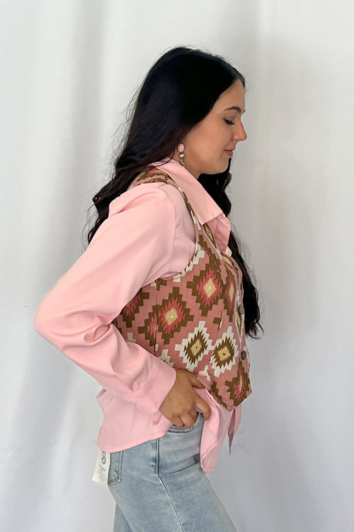 Pink Southwest Tapestry Vest - Cowhide and Conchos