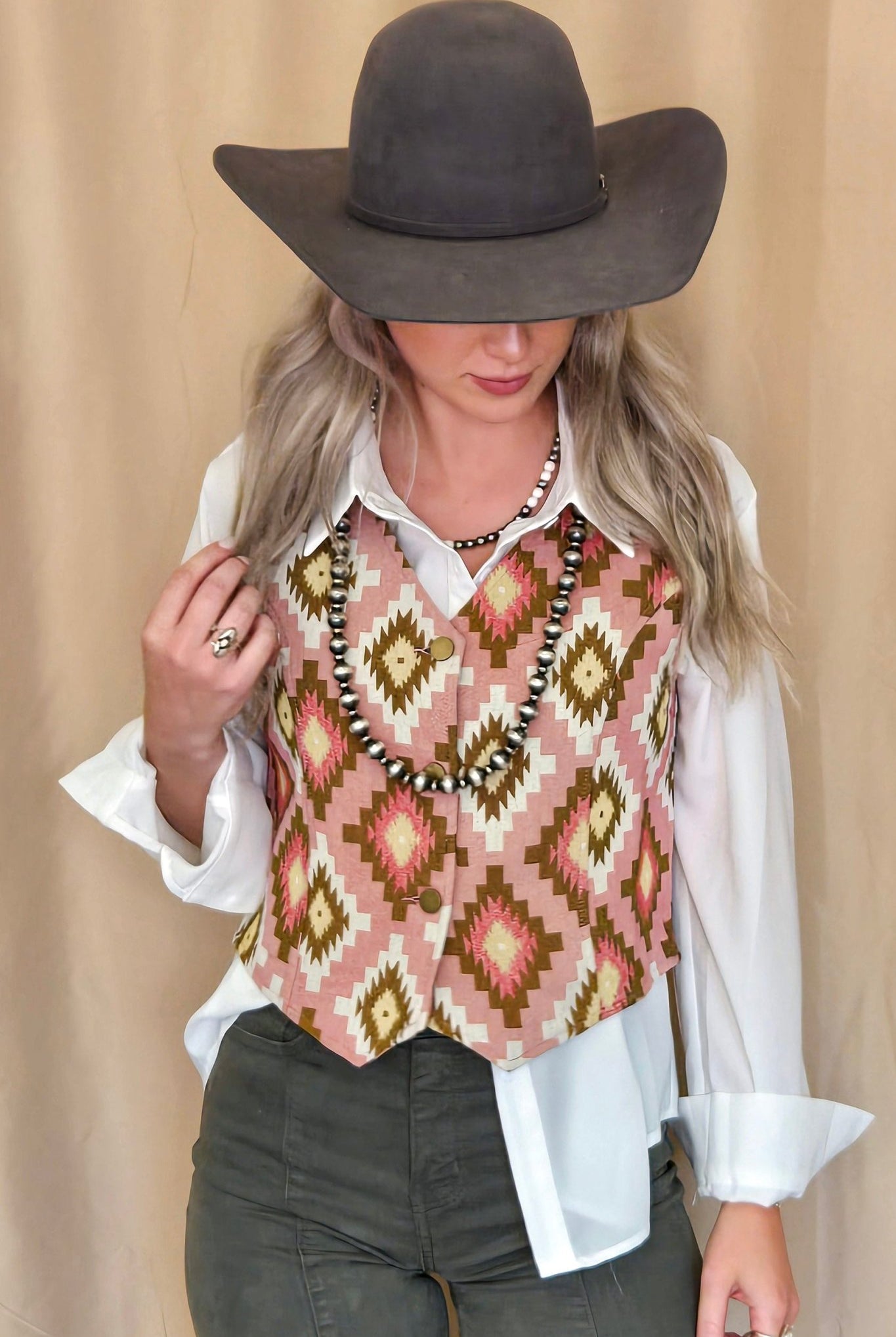 Pink Southwest Tapestry Vest - Cowhide and Conchos