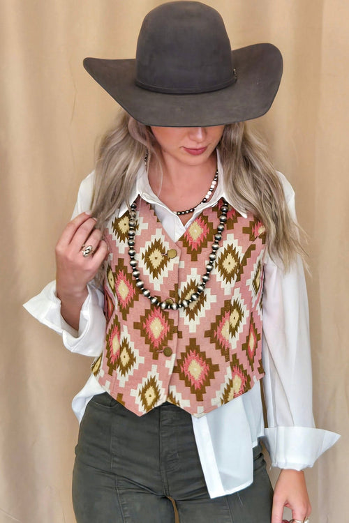 Pink Southwest Tapestry Vest - Cowhide and Conchos