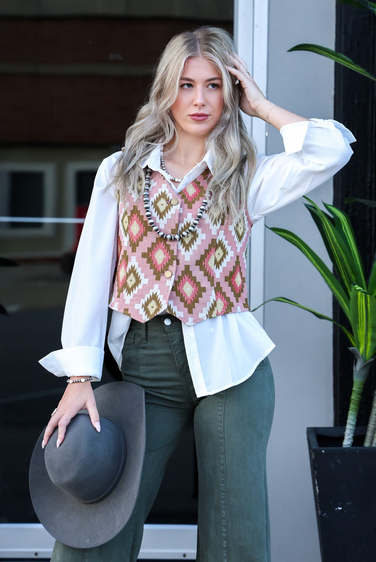 Pink Southwest Tapestry Vest - Cowhide and Conchos