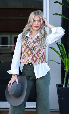 Pink Southwest Tapestry Vest - Cowhide and Conchos